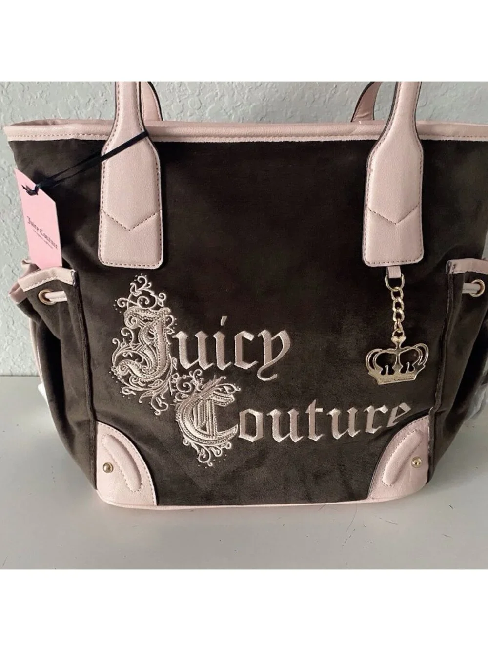 Juicy Couture Renaissance Tote In Chocolate Velvet Embroidered W/Crown Charm NEW